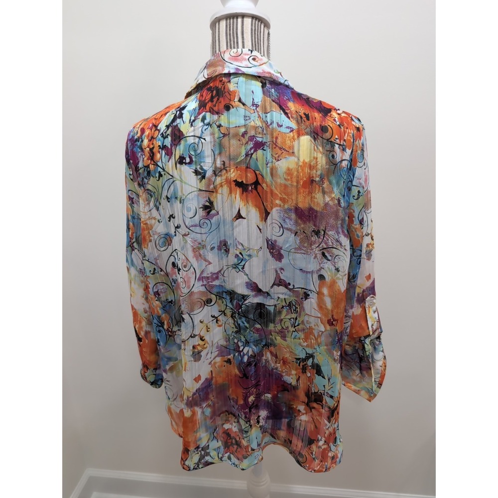 Chico's 2 or L Top NWOT Floral Sheer Lite Wgt Button Up Shirt Tab Sleeve Airy - Picture 6 of 10